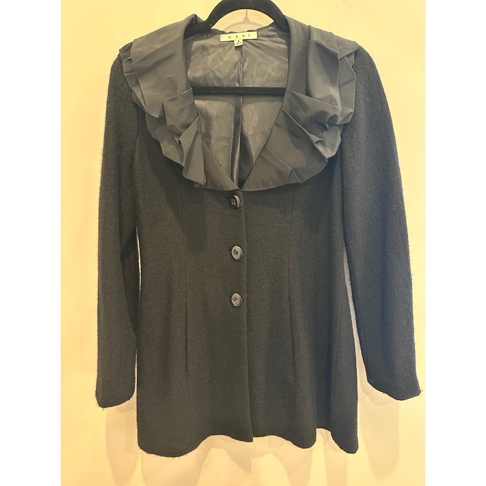 Cabi 528 Black 100% Wool Ruffle Portrait Collar Coat Jacket Womens Small